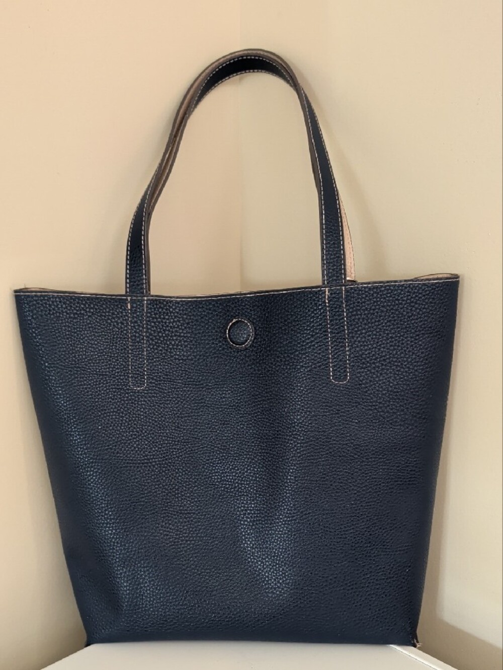 Reversible Navy & Cream Faux Pebbled Leather Tote Bag Magnetic Closure